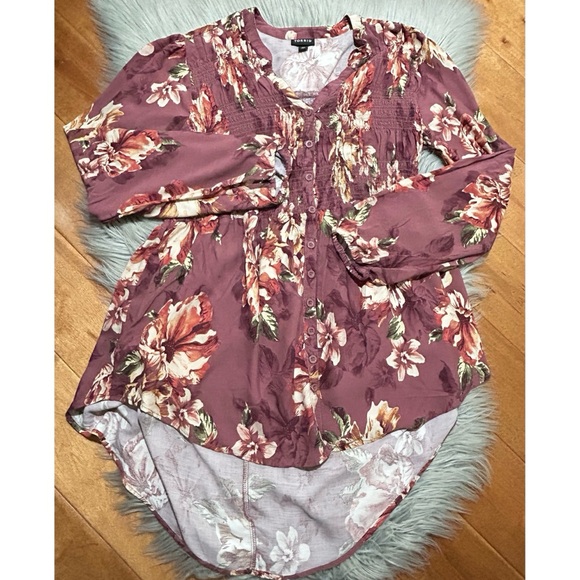 Torrid Babydoll Twill Smocked Button-Front Tunic Top Walnut Floral Size 00/10 - Picture 3 of 5